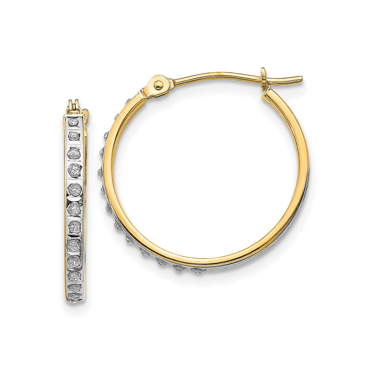 14k Yellow Gold Hoop Earrings with Channel Set Round Cut Diamonds, Polished Modern Classic Style