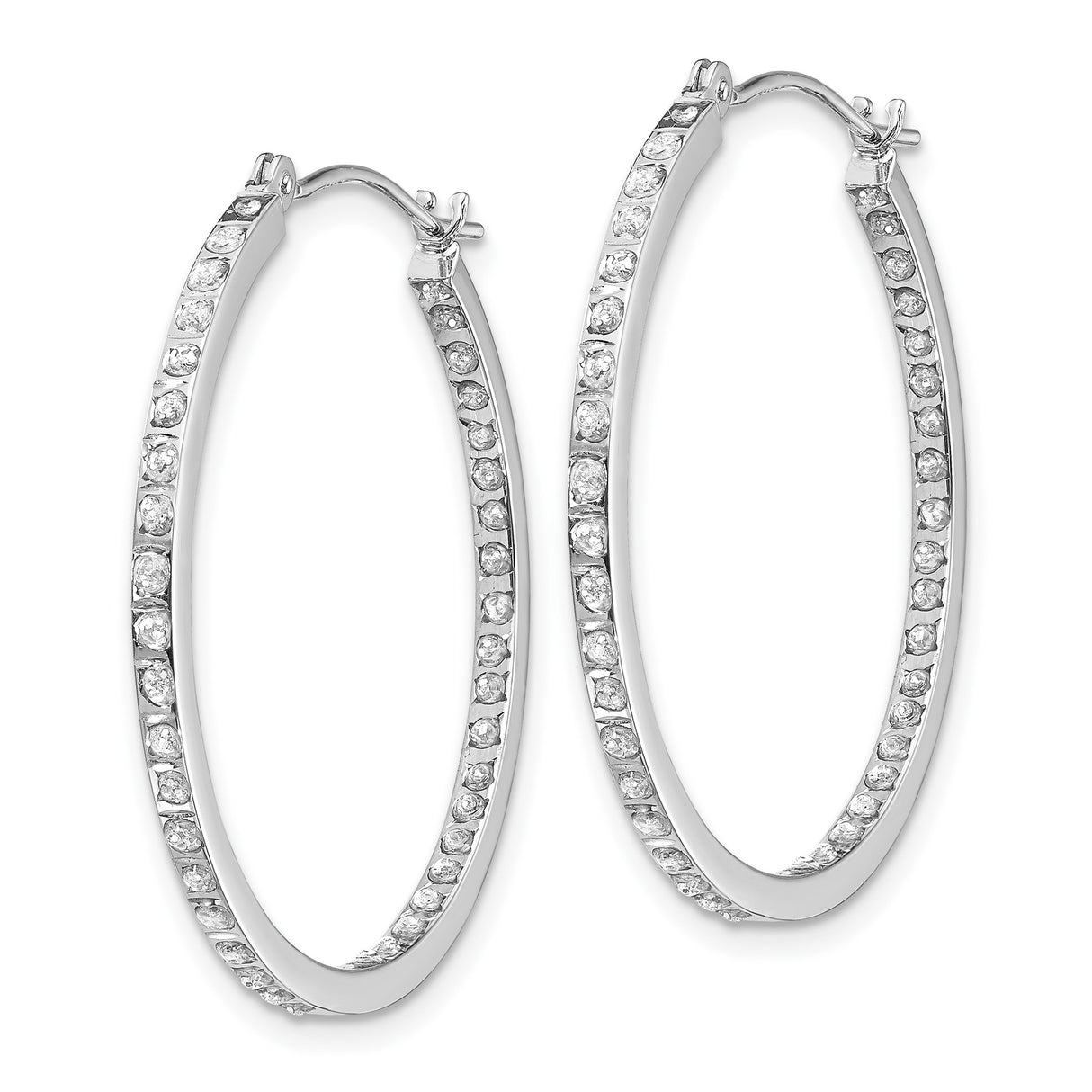 14k White Gold Hoop Earrings with Diamonds, Channel Set Round Design, Polished Finish