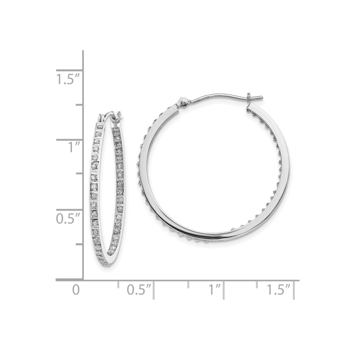 14k White Gold Hoop Earrings with Diamonds, Channel Set Round Design, Polished Finish