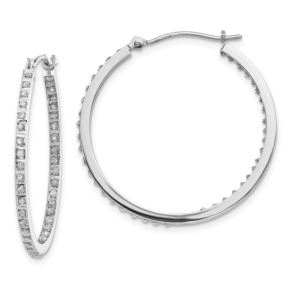14k White Gold Hoop Earrings with Diamonds, Channel Set Round Design, Polished Finish