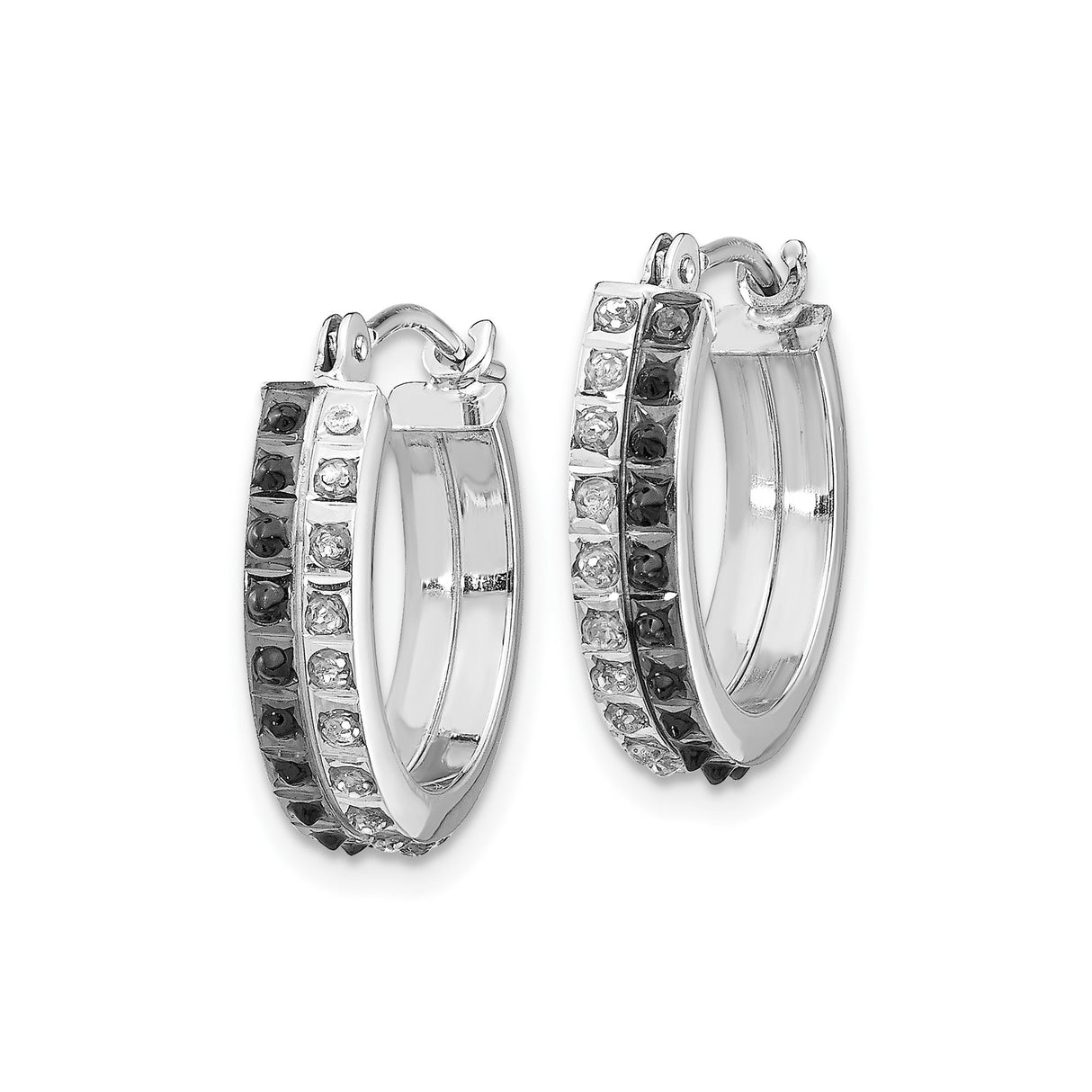 14k White Gold Hoop Earrings with Black and White Diamonds, Channel Set Modern Style