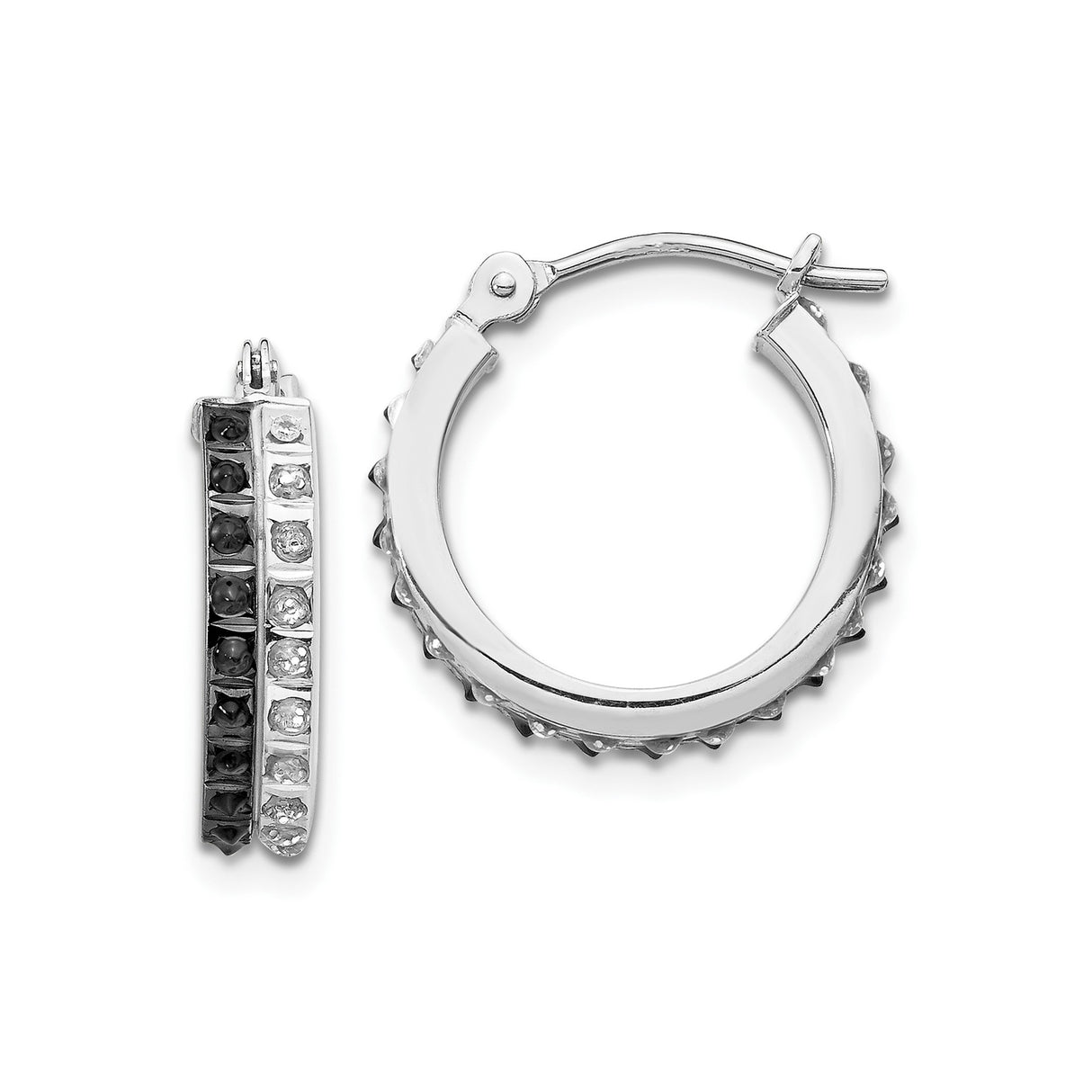 14k White Gold Hoop Earrings with Black and White Diamonds, Channel Set Modern Style