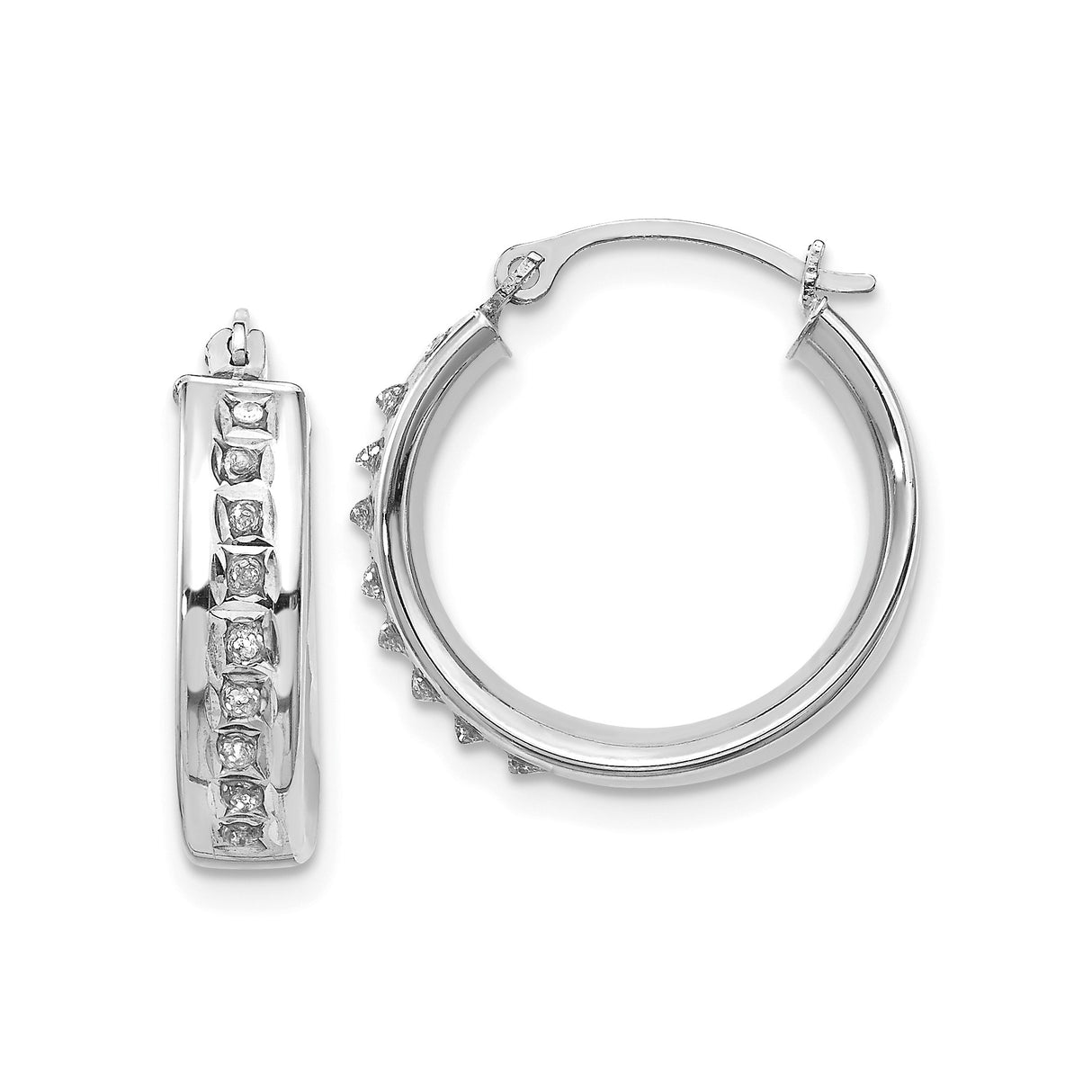 14k White Gold Hoop Earrings with Round Cut Diamonds in Channel Set Design