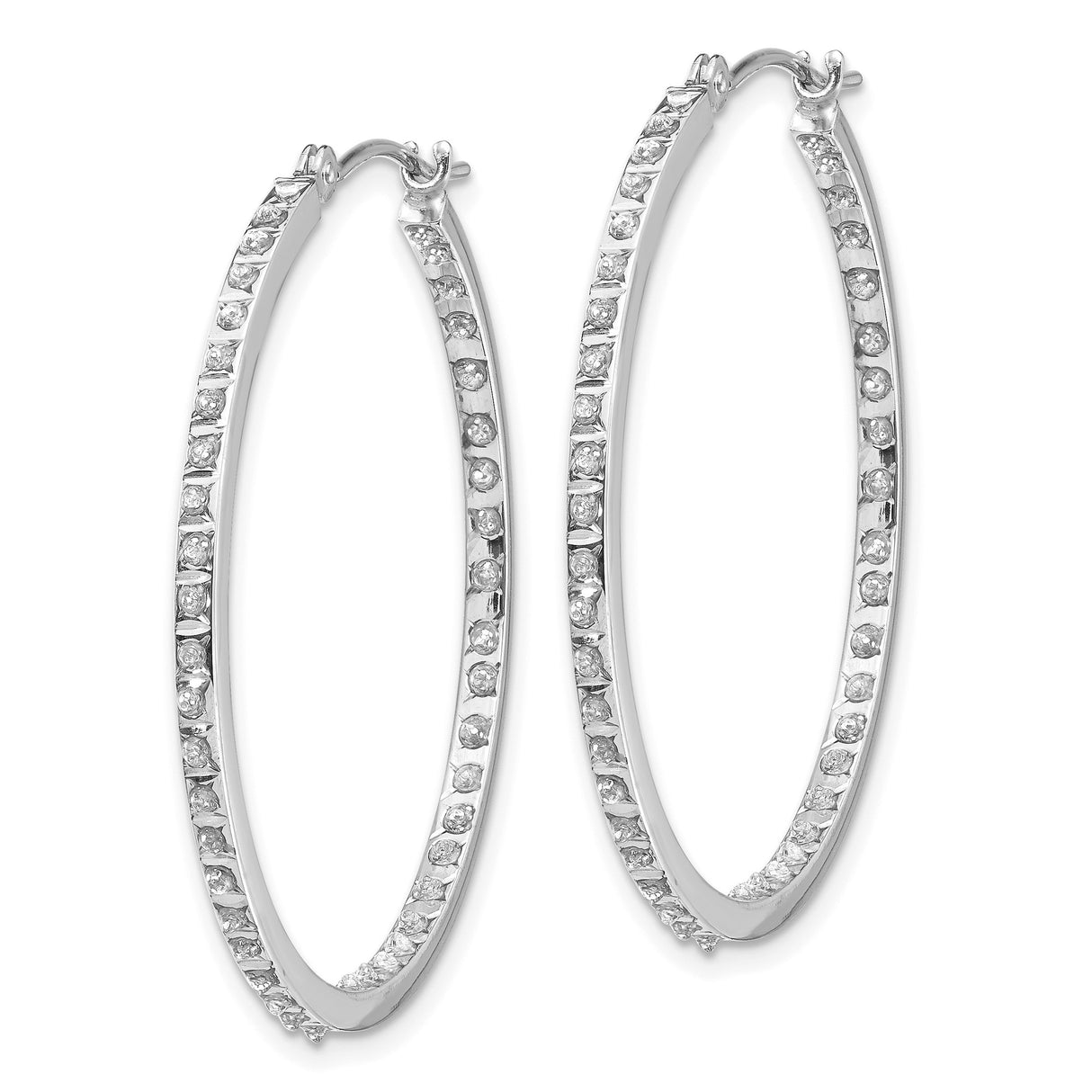 14k White Gold Hoop Earrings with Round Cut Diamonds, Inside-Out Double Row Design