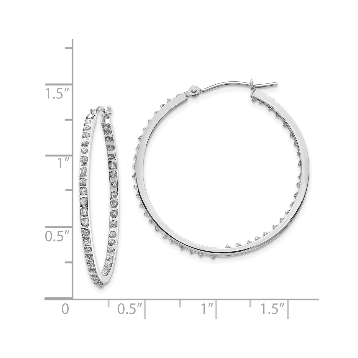14k White Gold Hoop Earrings with Round Cut Diamonds, Inside-Out Double Row Design