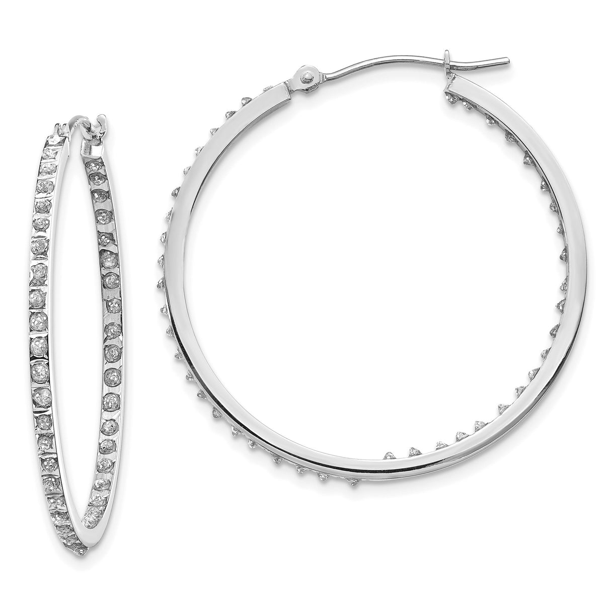 14k White Gold Hoop Earrings with Round Cut Diamonds, Inside-Out Double Row Design