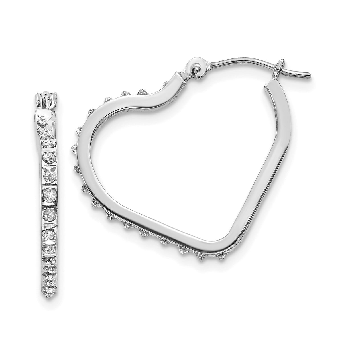 14k White Gold Heart Hoop Earrings with Round Cut Diamonds, Romantic Anniversary Jewelry