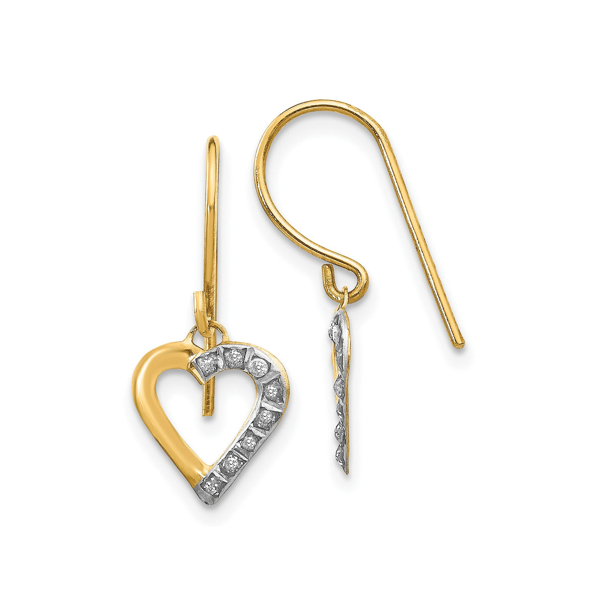 14k Yellow Gold Dangle Earrings with Diamond Accents, Open Heart Design for Women