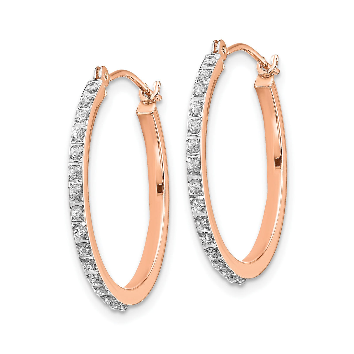 14k Rose Gold Hoop Earrings with Channel Set Round Cut Diamonds, Classic Formal Jewelry