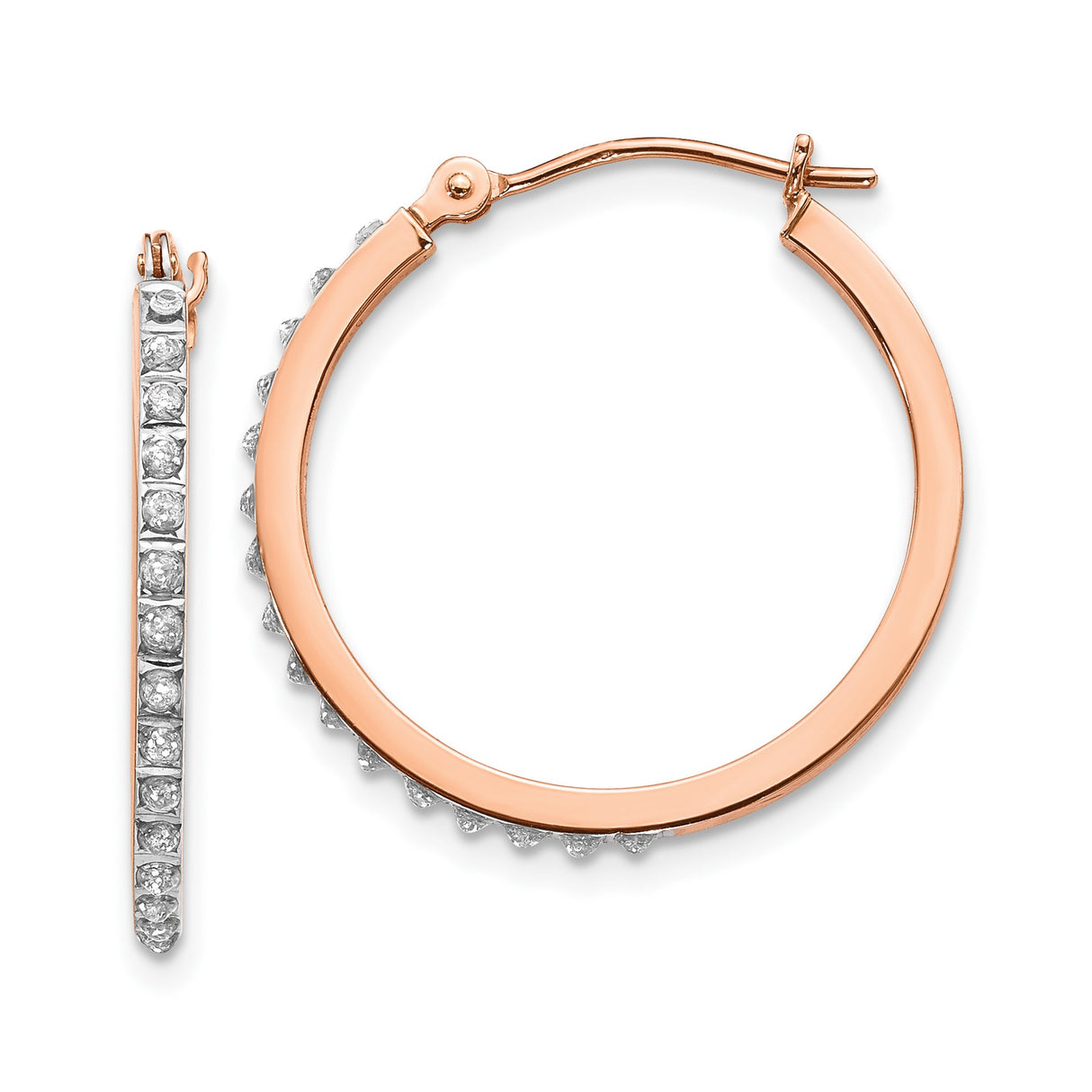14k Rose Gold Hoop Earrings with Channel Set Round Cut Diamonds, Classic Formal Jewelry