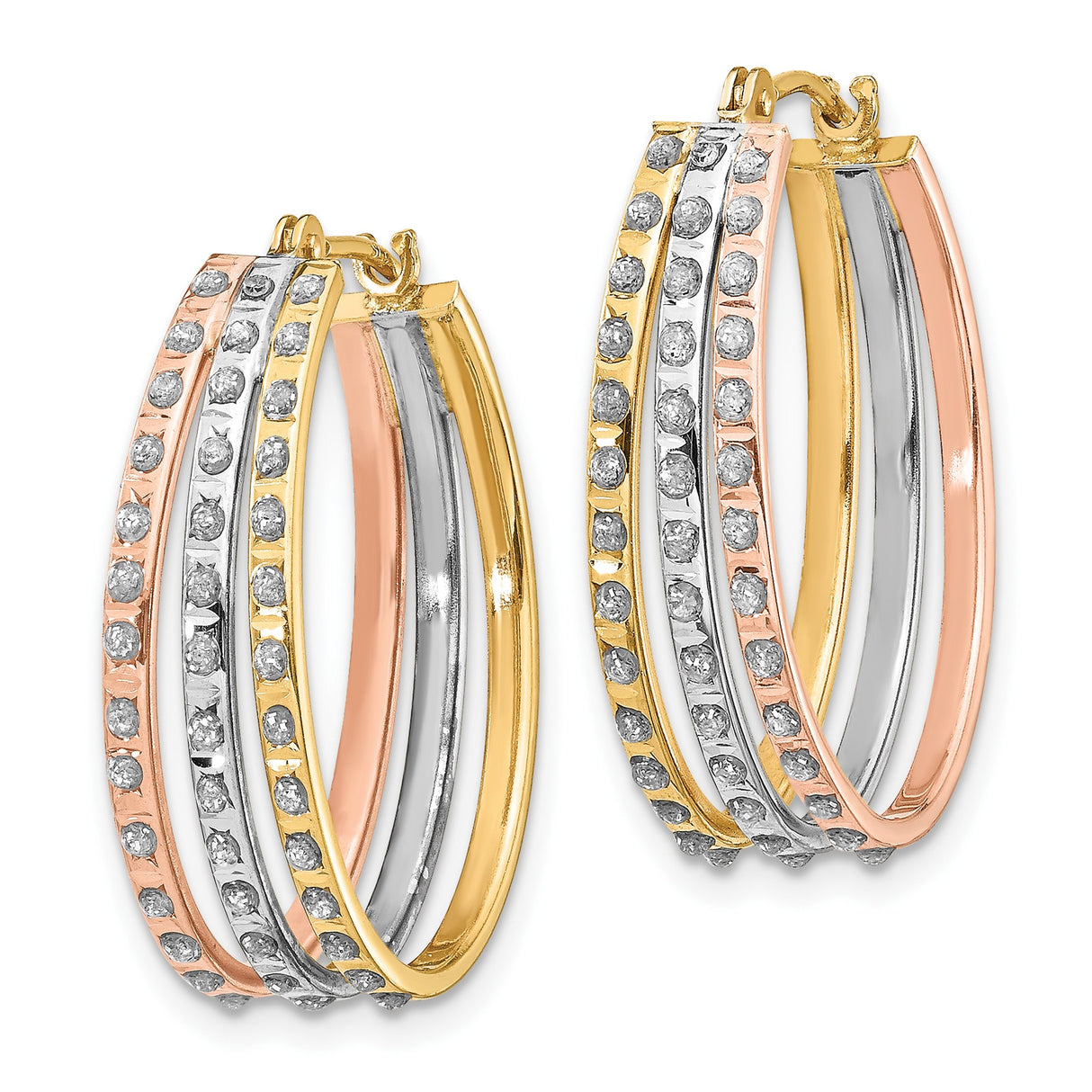 14k Tri Color Gold Hoop Earrings with Diamonds, Round Cut, Polished Finish