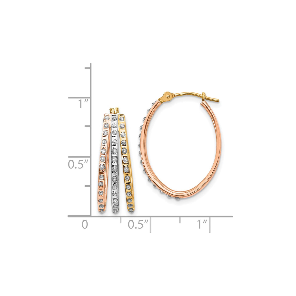 14k Tri Color Gold Hoop Earrings with Diamonds, Round Cut, Polished Finish