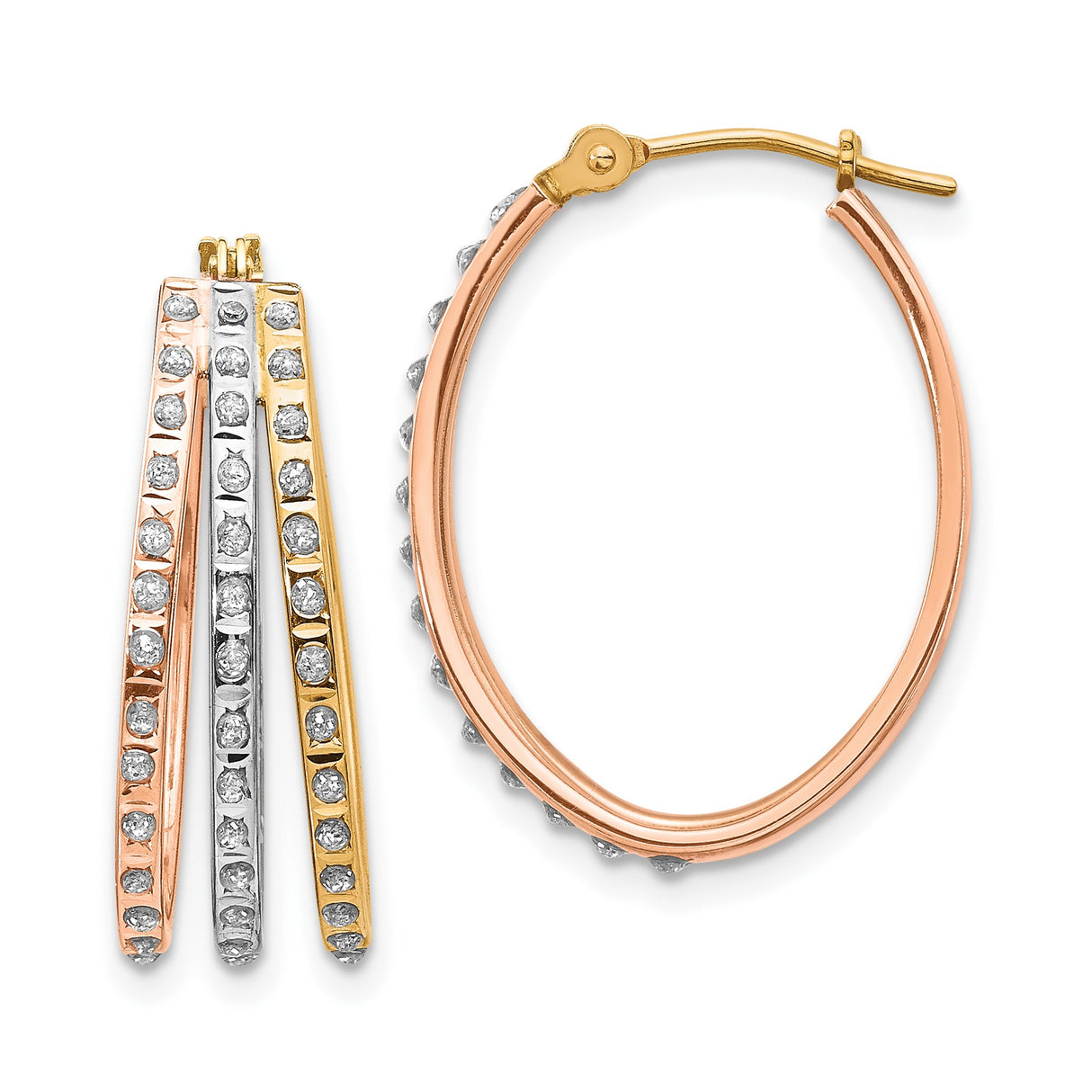 14k Tri Color Gold Hoop Earrings with Cubic Zirconia, Round Cut, Polished Finish