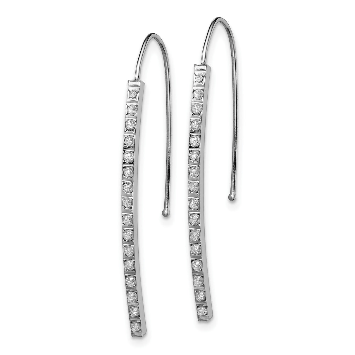 14k White Gold Threader Earrings with Channel Set Round Diamonds, Modern Minimalist Drop Style