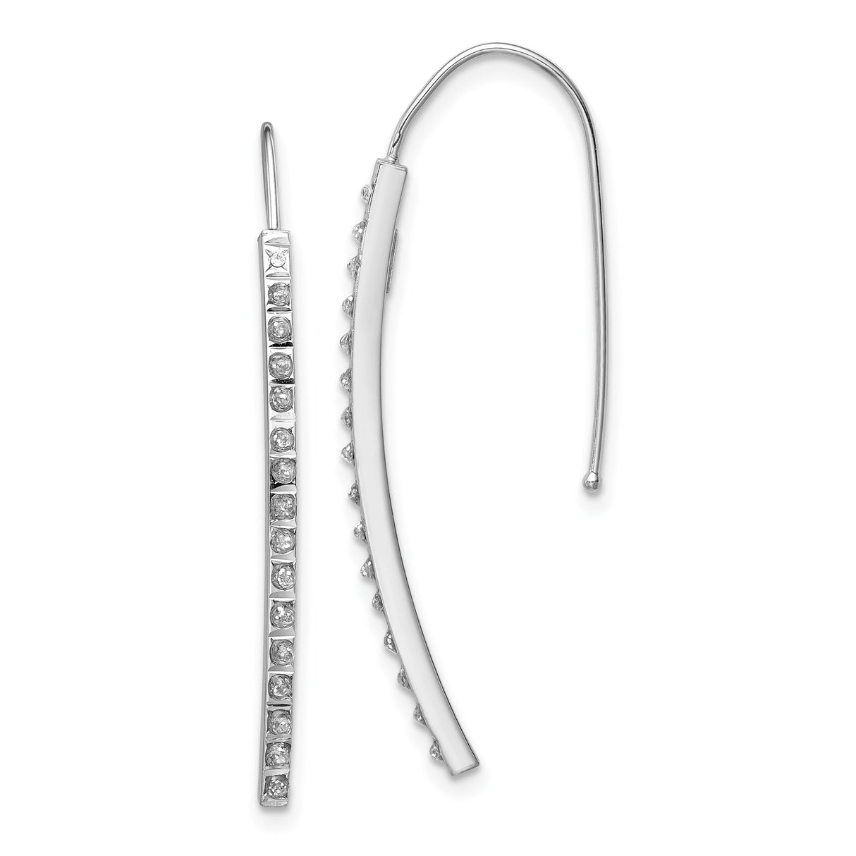 14k White Gold Threader Earrings with Channel Set Round Diamonds, Modern Minimalist Drop Style