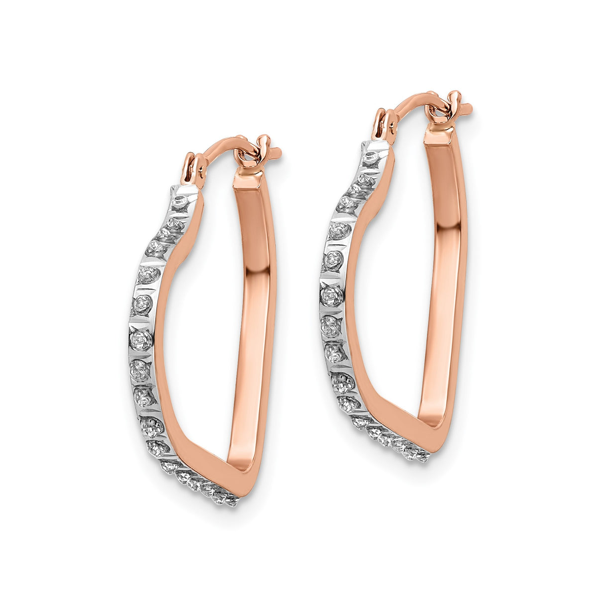 14k Rose Gold Heart Shaped Hoop Earrings with White Gold Accents, Two Tone Design