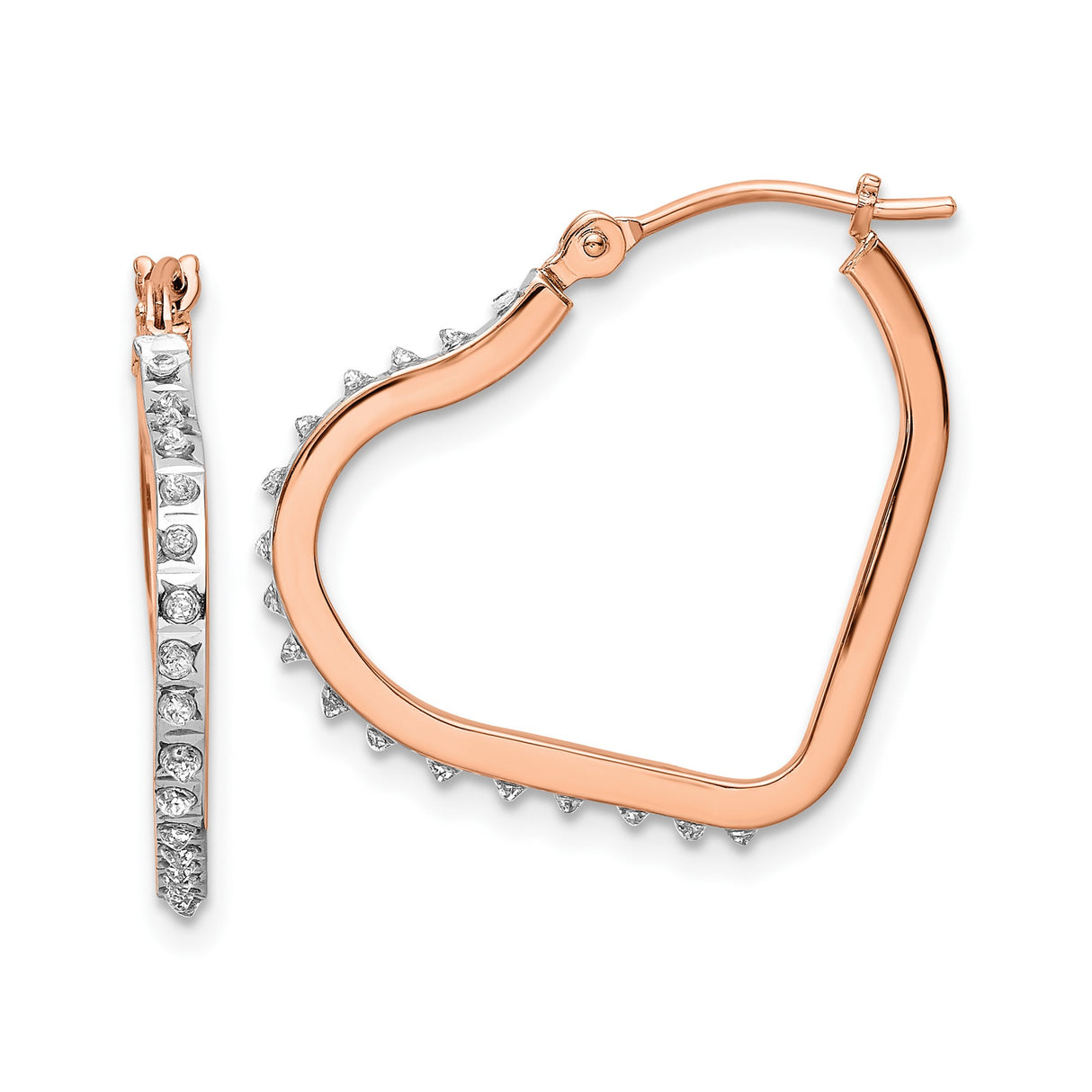 14k Rose Gold Heart Shaped Hoop Earrings with White Gold Accents, Two Tone Design