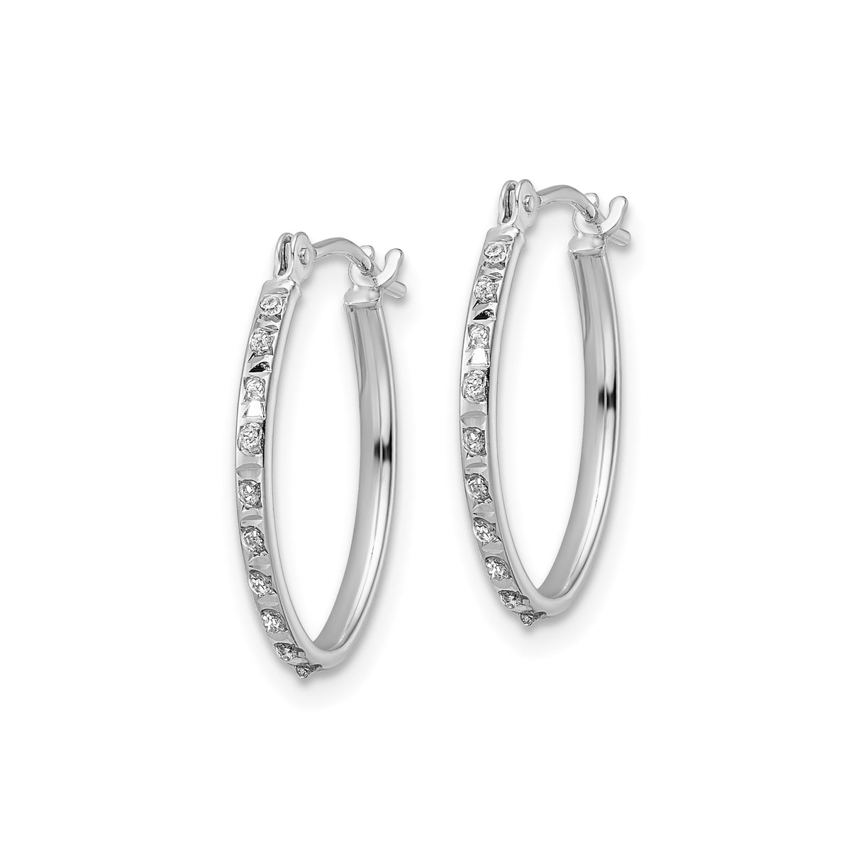 14k White Gold Oval Hoop Earrings with Channel Set Round Diamonds, Modern Polished Style