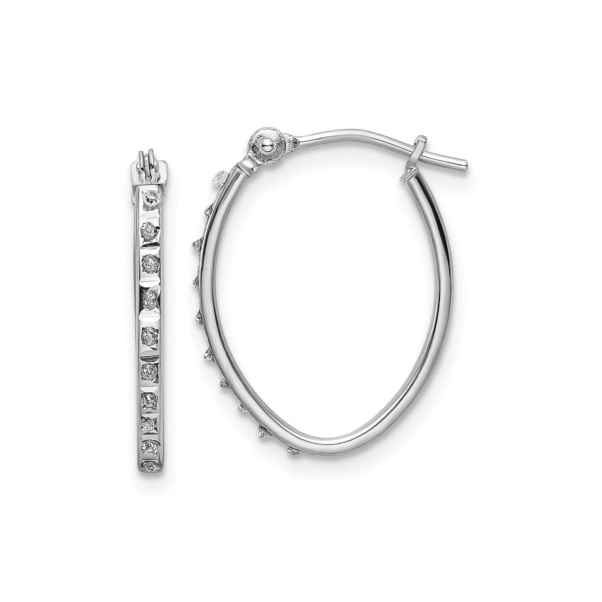 14k White Gold Oval Hoop Earrings with Channel Set Round Diamonds, Modern Polished Style