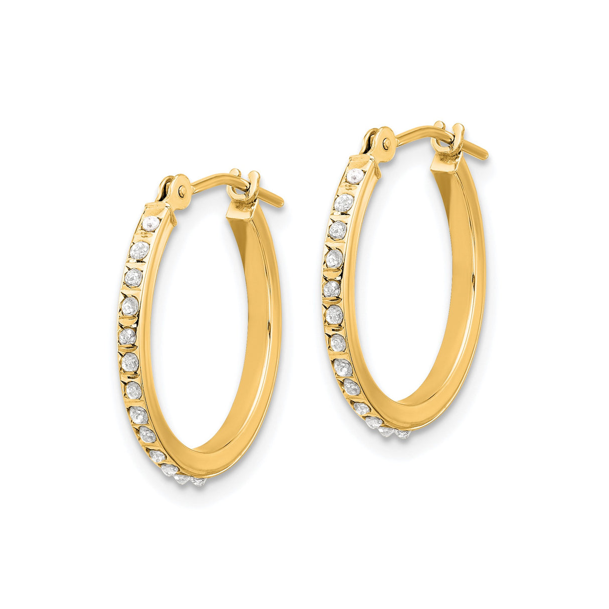 14k Yellow Gold Hoop Earrings with Channel Set Diamonds, Polished Lightweight Classic Style