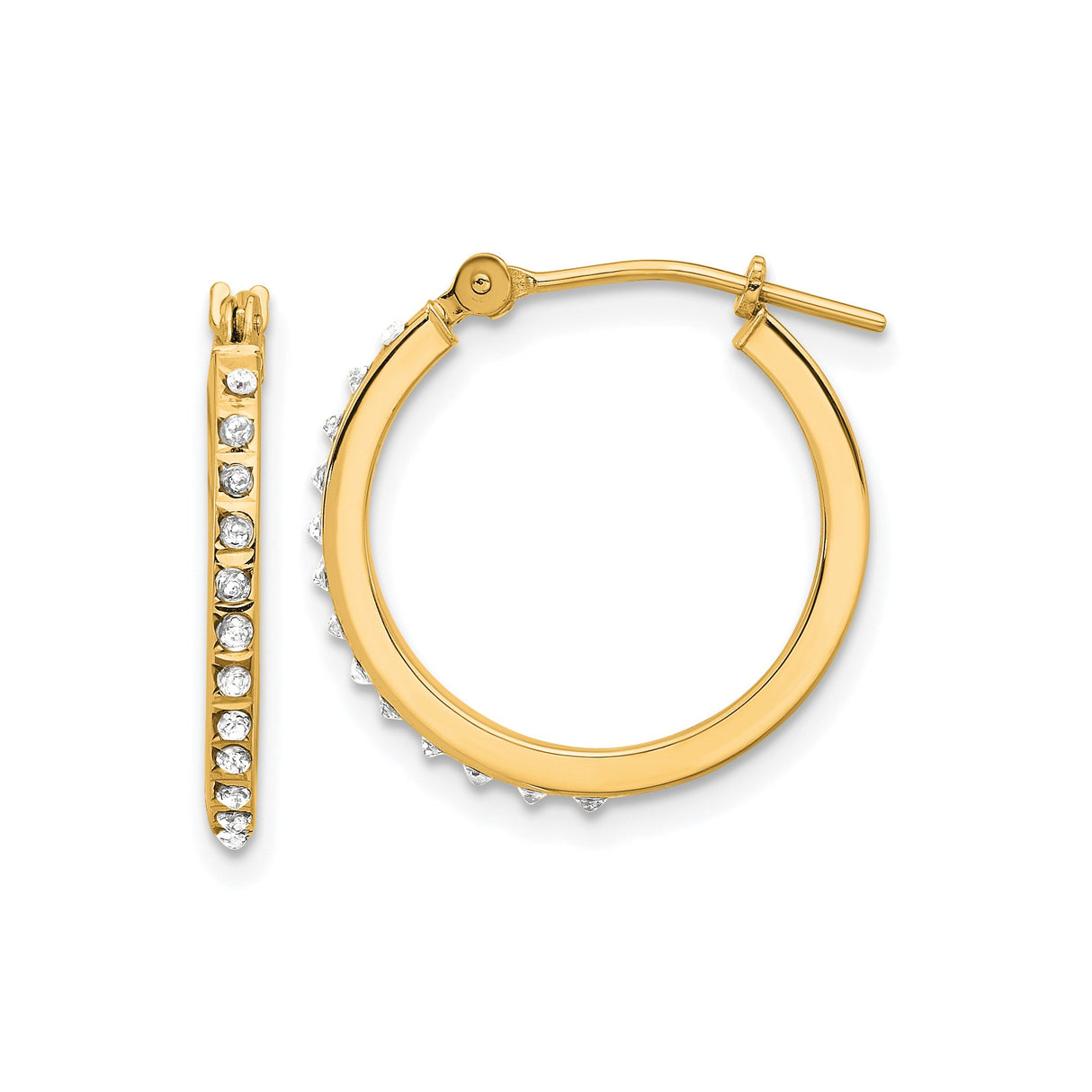 14k Yellow Gold Hoop Earrings with Channel Set Diamonds, Polished Lightweight Classic Style