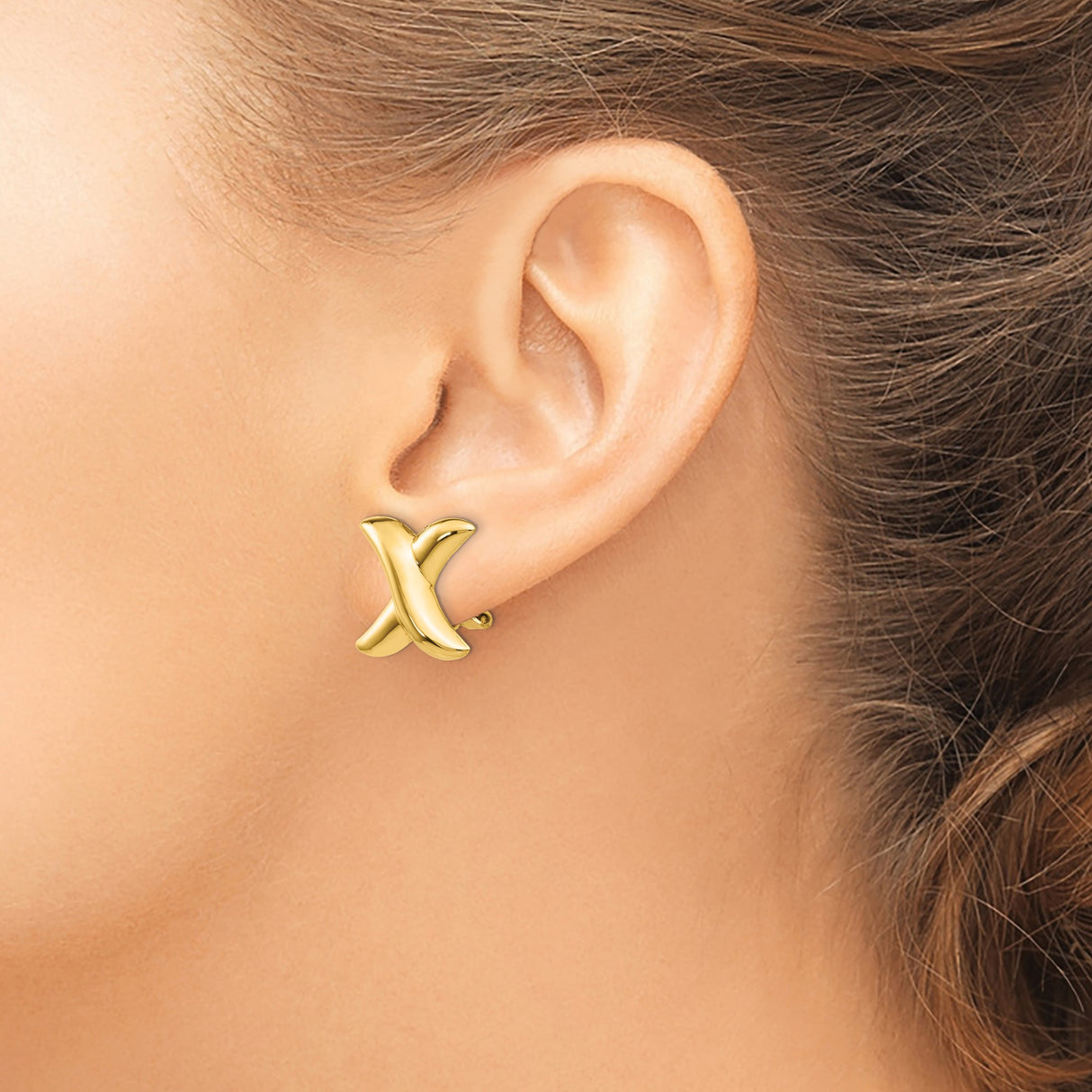 14k Yellow Gold Stud Earrings, X Design with Omega Back, Bold Modern Geometric Style for Women