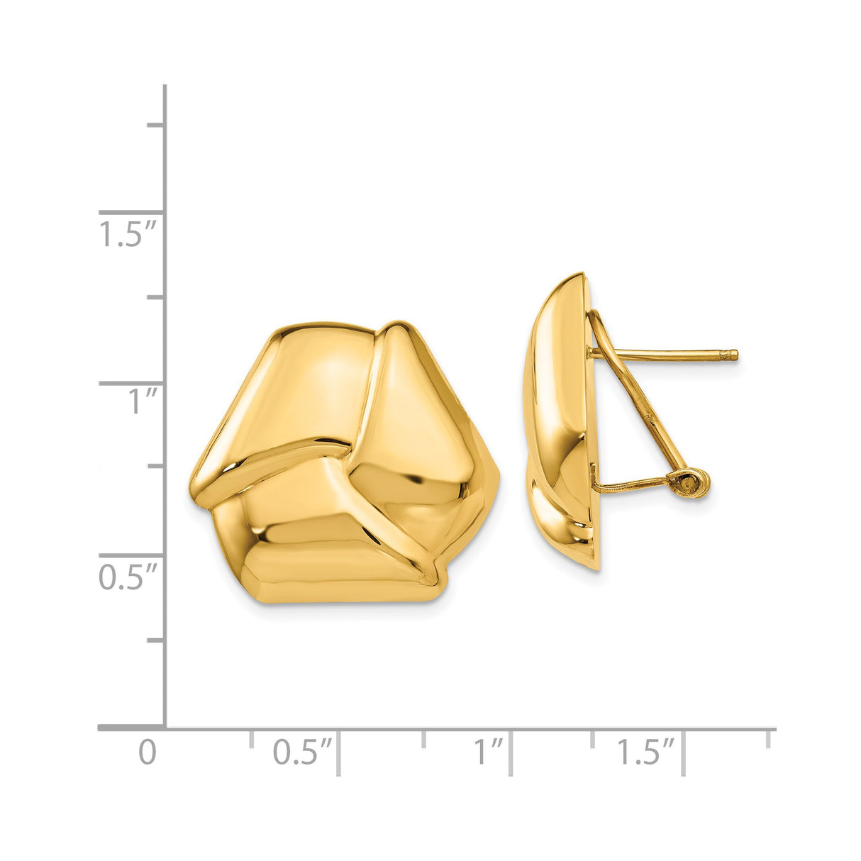14k Yellow Gold Stud Earrings, Modern Geometric Abstract Shape, Polished Finish, Omega Back