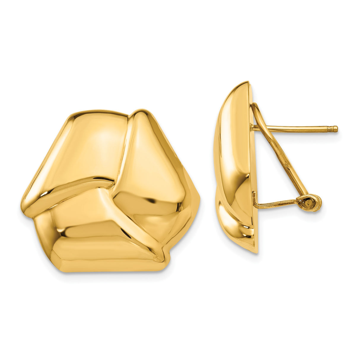 14k Yellow Gold Stud Earrings, Modern Geometric Abstract Shape, Polished Finish, Omega Back