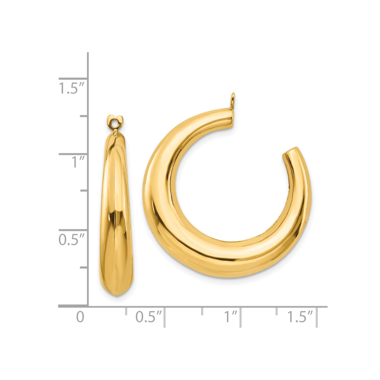 14k Yellow Gold Hoop Earrings with Heart Post Detail, Thick Polished Design for Women