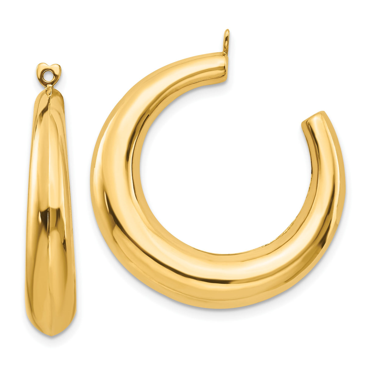 14k Yellow Gold Hoop Earrings with Heart Post Detail, Thick Polished Design for Women