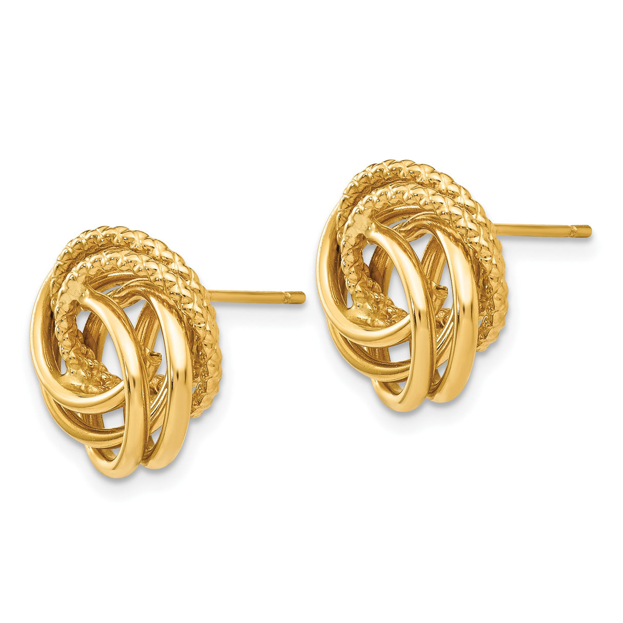 14k Yellow Gold Love Knot Stud Earrings with Textured and Polished Interwoven Loops