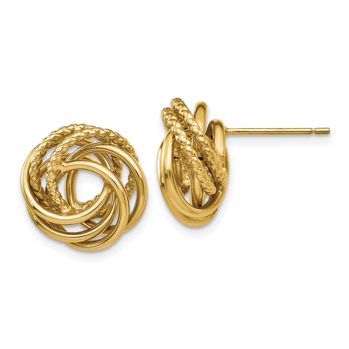 14k Yellow Gold Love Knot Stud Earrings with Textured and Polished Interwoven Loops