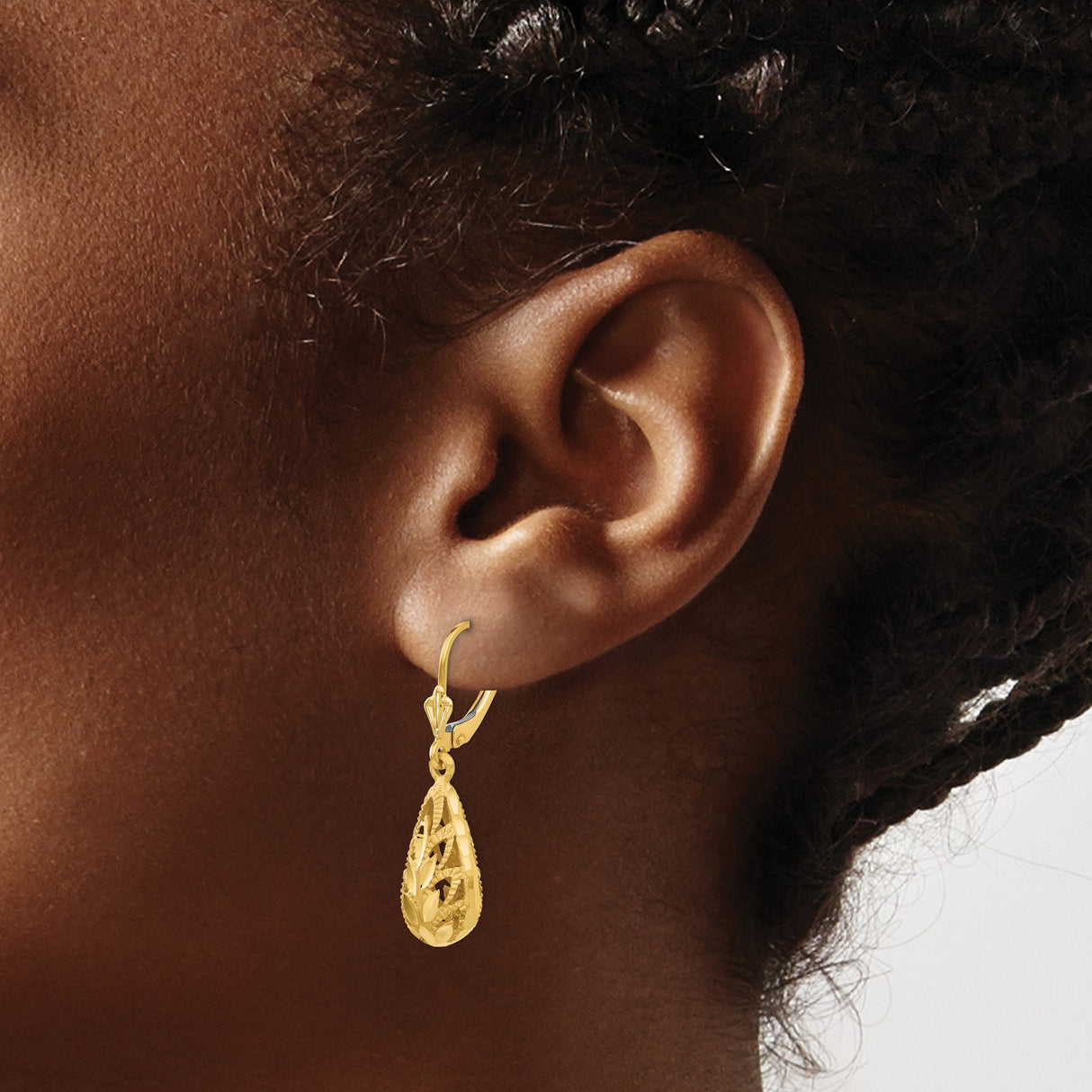 14k Yellow Gold Teardrop Leverback Earrings with Leaf Cut Detailing and Textured Finish