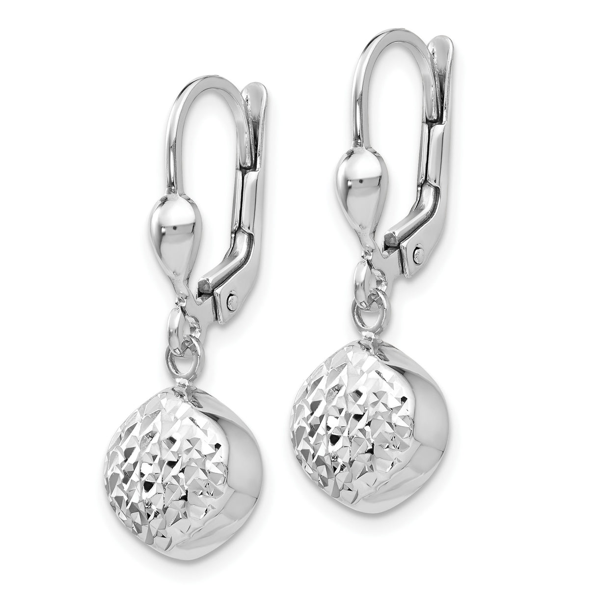 14k White Gold Drop Earrings with Diamond Cut Puffed Teardrop Design and Textured Finish