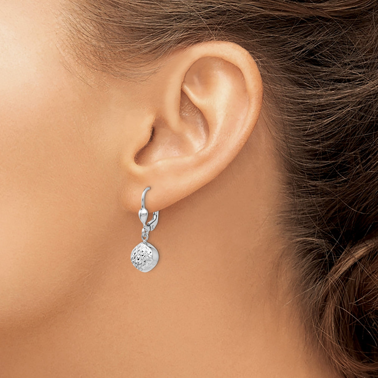 14k White Gold Drop Earrings with Diamond Cut Puffed Teardrop Design and Textured Finish