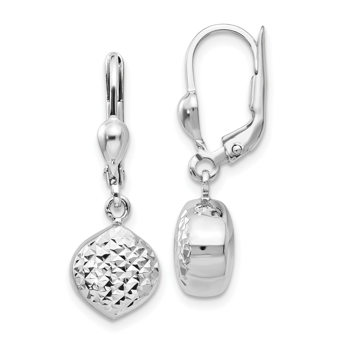 14k White Gold Drop Earrings with Diamond Cut Puffed Teardrop Design and Textured Finish