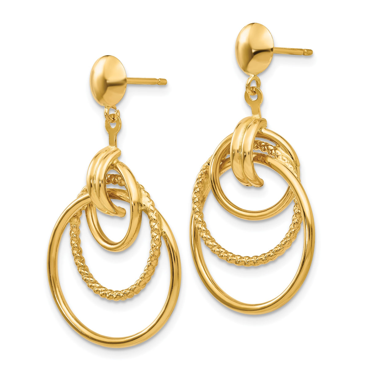 14k Yellow Gold Dangle Earrings with Interlocking Textured and Polished Circles, Geometric Design