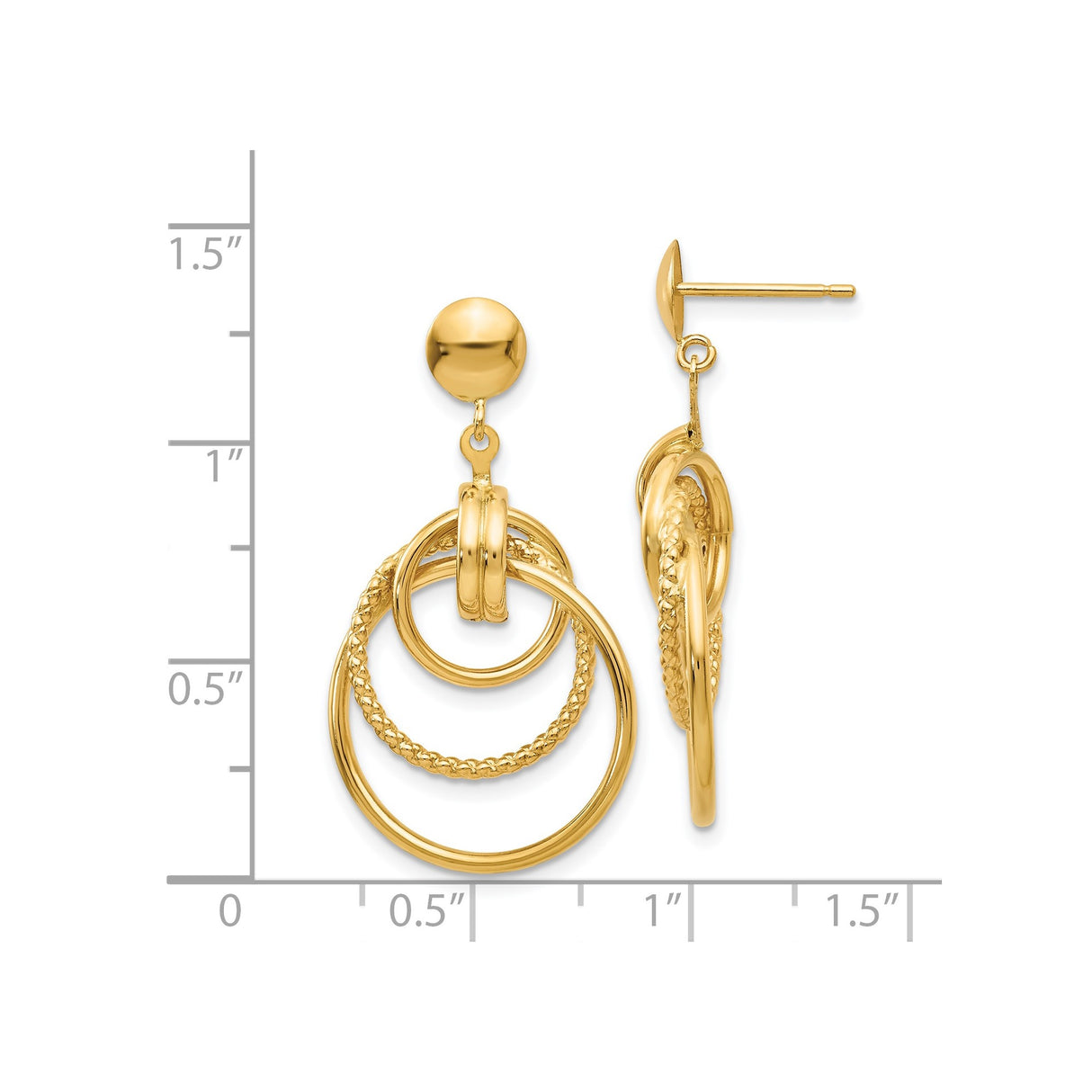 14k Yellow Gold Dangle Earrings with Interlocking Textured and Polished Circles, Geometric Design