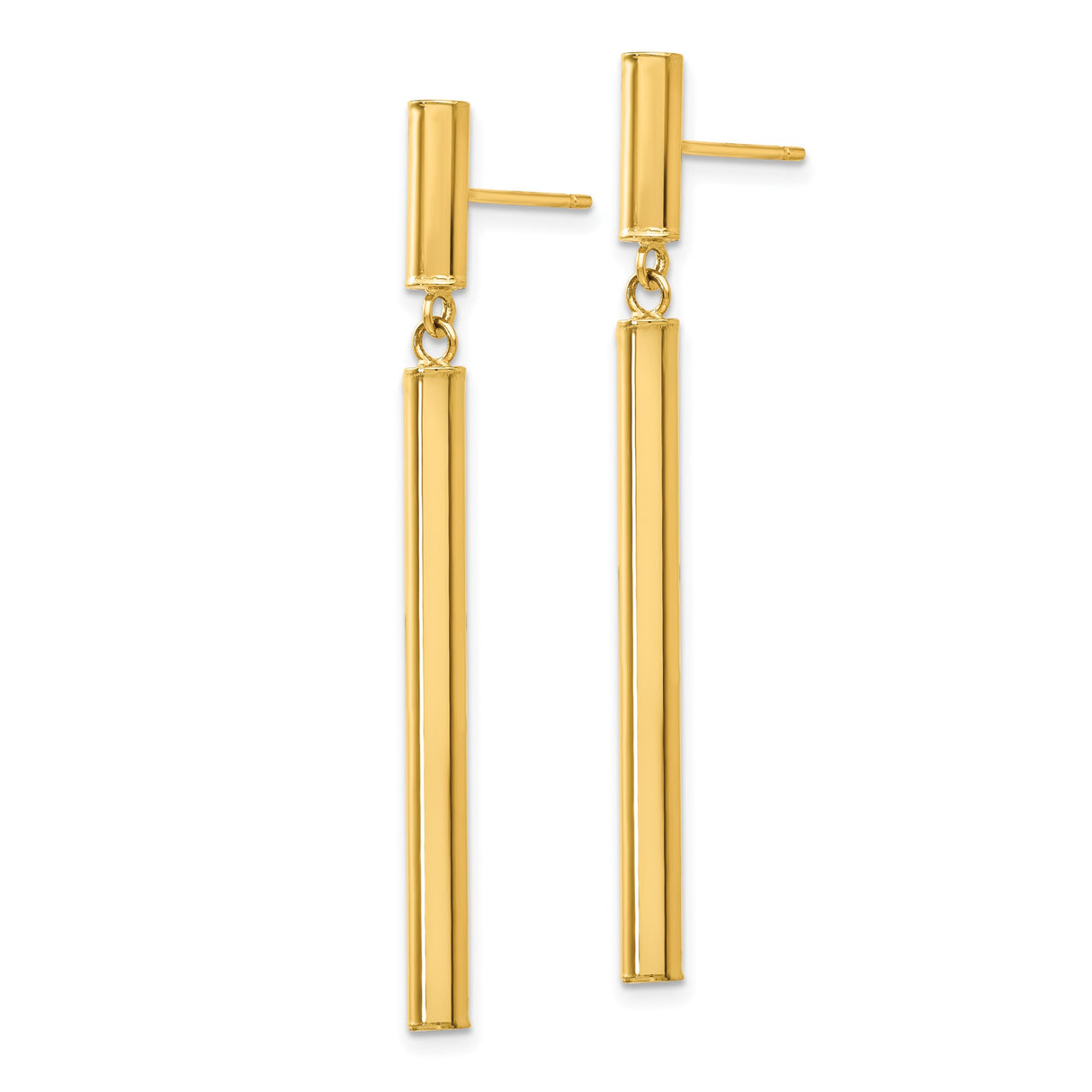 14k Yellow Gold Drop Earrings, Minimalist Vertical Bar Dangles, Sleek Modern Design