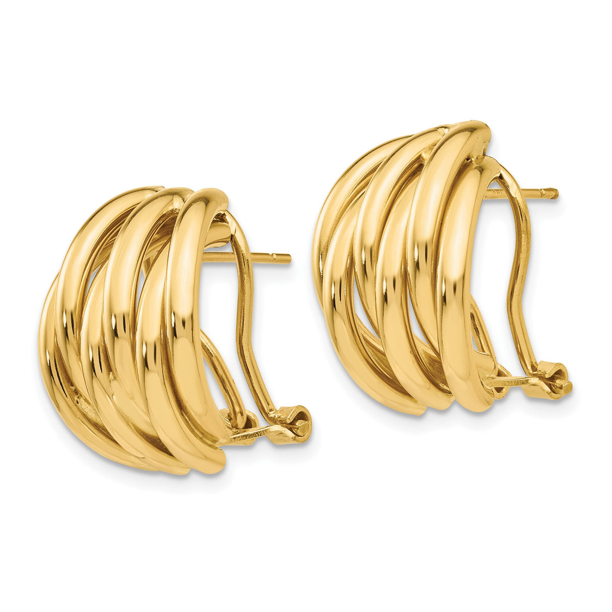 14k Yellow Gold Hoop Earrings, Multi-Row Polished Domed Design, Omega Back Closure