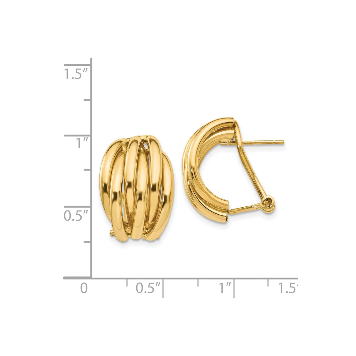 14k Yellow Gold Hoop Earrings, Multi-Row Polished Domed Design, Omega Back Closure