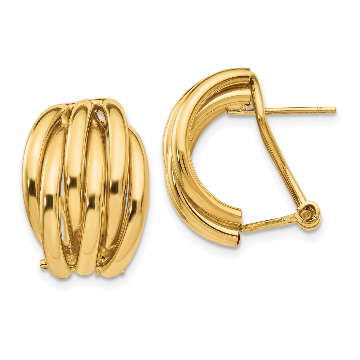 14k Yellow Gold Hoop Earrings, Multi-Row Polished Domed Design, Omega Back Closure