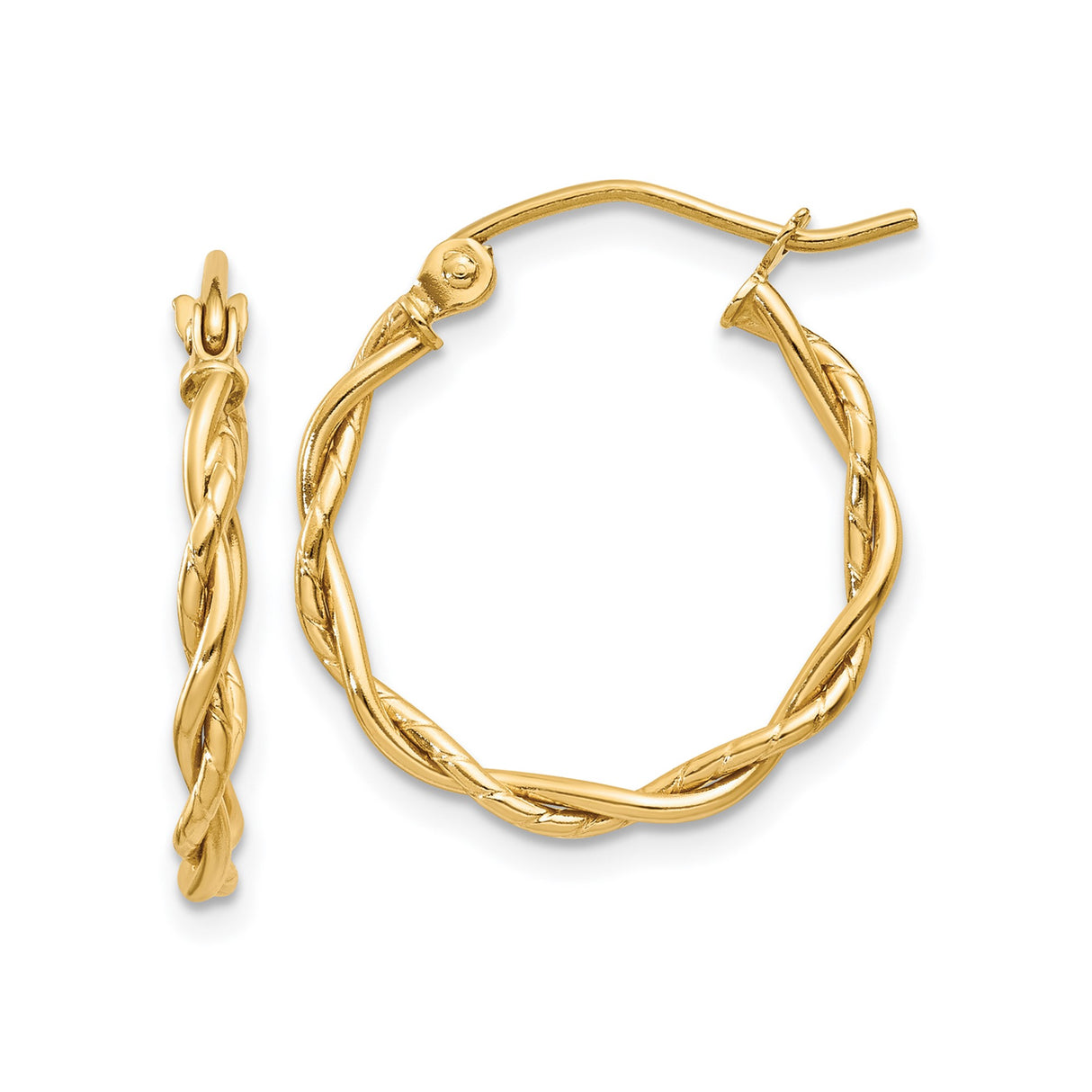 14k Yellow Gold Hoop Earrings, Twisted Braided Design, Lightweight Polished Finish