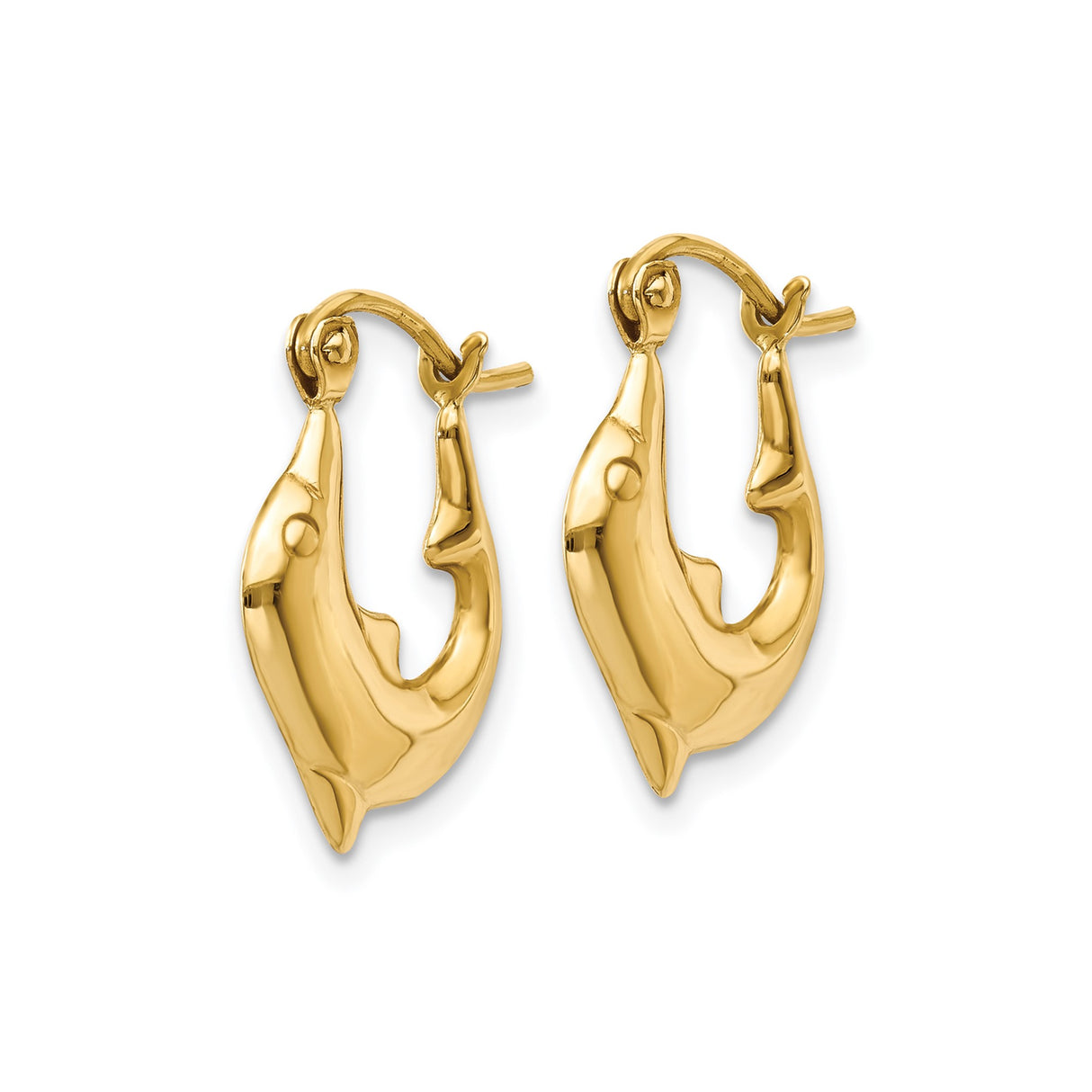 14k Yellow Gold Dolphin Hoop Earrings, Lightweight Marine Life Design for Women