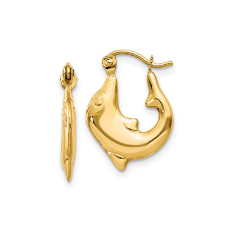 14k Yellow Gold Dolphin Hoop Earrings, Lightweight Marine Life Design for Women