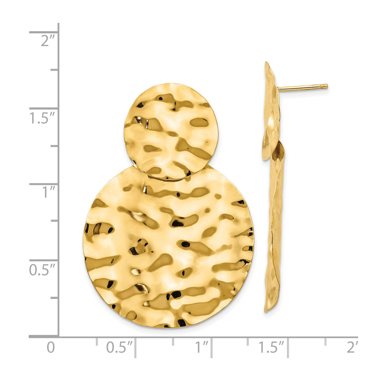 14k Yellow Gold Dangle Earrings with Hammered Double Circle Design, Modern Geometric Style