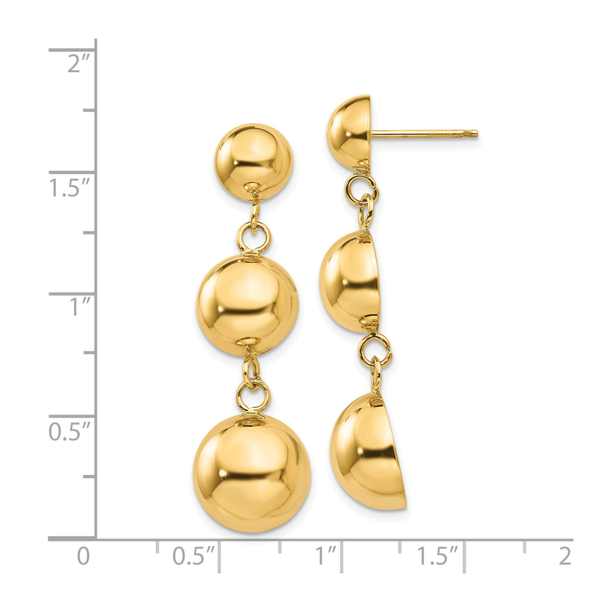 14k Yellow Gold Dangle Earrings with Graduated Dome Spheres, Long Drop Design, Mirror Finish