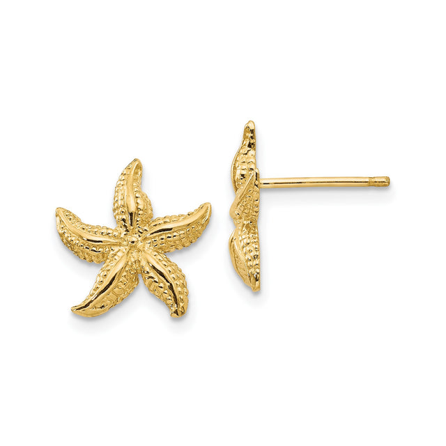 14k Yellow Gold Starfish Stud Earrings with Textured Ocean-Inspired Design