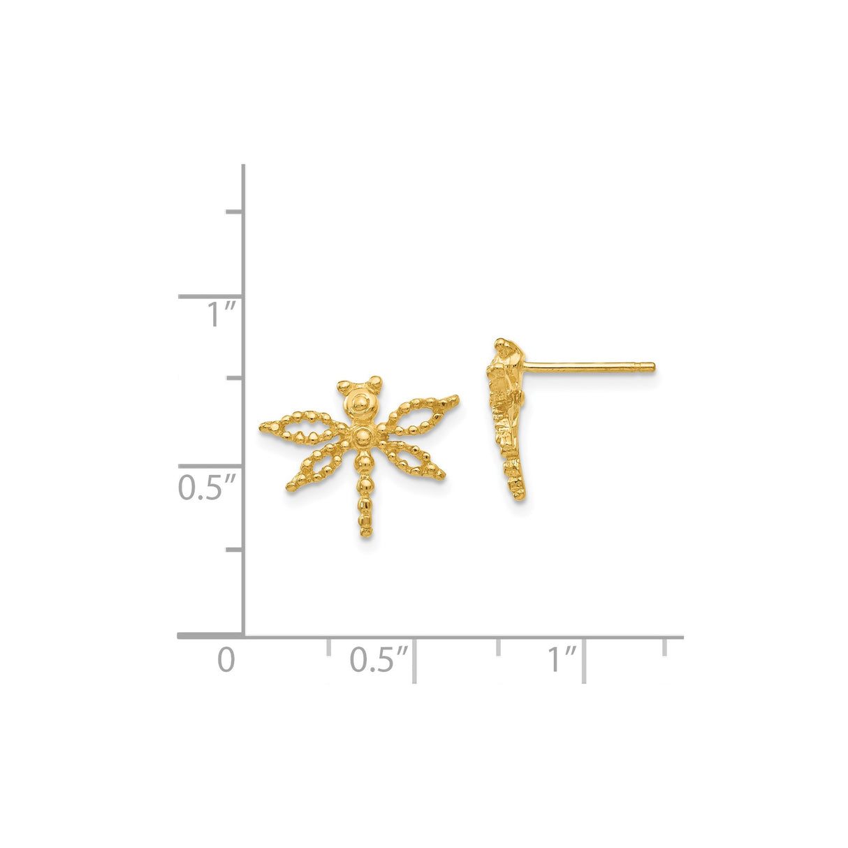 14k Yellow Gold Dragonfly Stud Earrings with Textured Beaded Wings, Nature-Inspired Design for Women