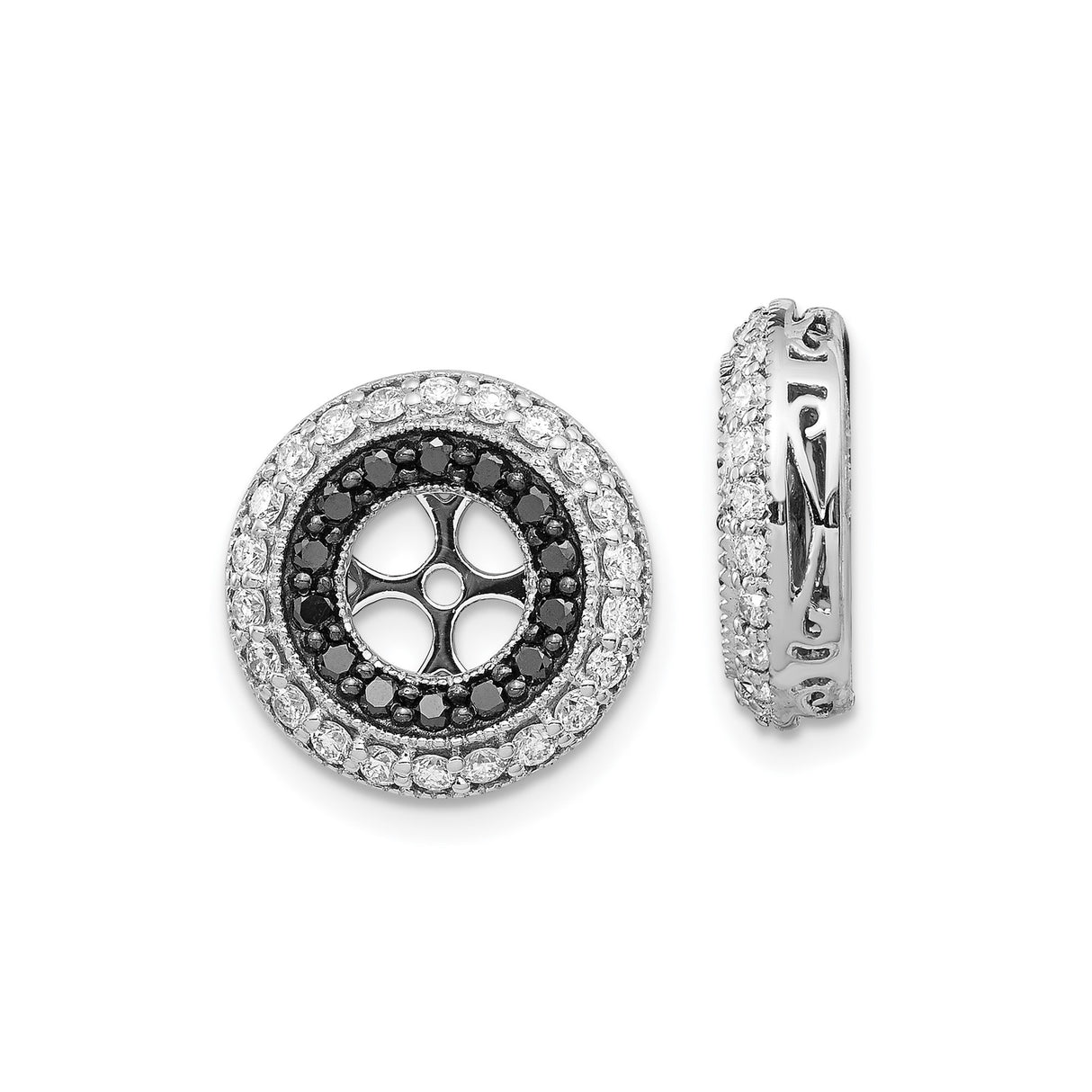 14k White Gold Filigree Cross Pendant with Black and White Diamonds, Christian Religious Charm